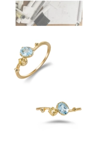 Macro detail of S925 silver 14K gold ring with blue topaz and yellow gemstones