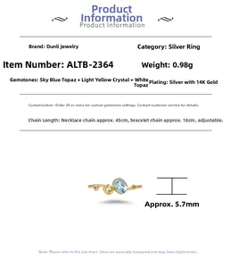 Detail specifications for wave ring with blue topaz and 14K gold plated silver
