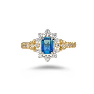 Luxuriöses S925 Silber Ring-Set mit blau-grünem Quarz im Smaragdschliff und Halos