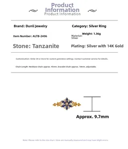 Détail d'une bague flocon en argent S925 avec tanzanite et dimensions de 9,7mm marquées