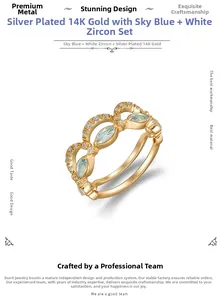 Detailansicht eines 14K vergoldeten Silberring-Sets mit himmelblauen Edelsteinen im Marquise-Schliff