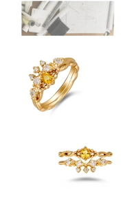 Detalle del juego de anillos corona de plata S925 con gema amarilla y circonita blanca