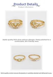 Detail view of S925 silver 14K gold plated opal ring set with curved diamond band