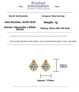 Detail view of vintage Tanzanite stud earrings with 14K gold plated silver filigree