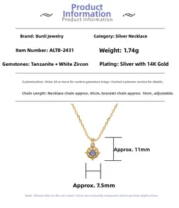 Detailed specs of S925 silver 14K gold pendant with purple tanzanite stone