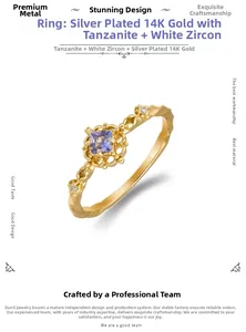 Detailed view of S925 silver 14K gold ring with square tanzanite and white zircon stones