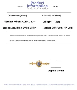 Detail view of S925 silver 14K gold ring with tanzanite and dimensions of 7.16mm