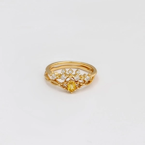 Juego de Anillos de Corona Vintage de Plata de Ley S925 Chapado en Oro de 14K Citrina Cristal Amarillo Zirconia Blanca