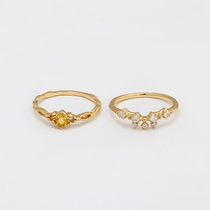 Set de anillos corona en plata S925 con citrino amarillo y circonitas blancas