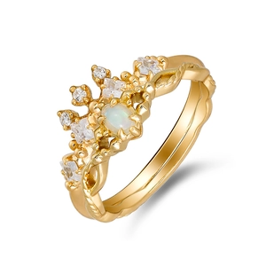 French Retro S925 Sterling Silver 14K Gold Plated Australian Opal White Zirconia Crown Stackable Ring For Women Jewelry