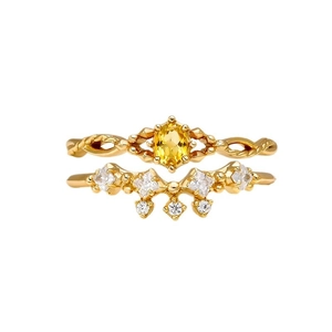 Set de anillos de corona vintage en plata S925 con gema amarilla y circonitas blancas