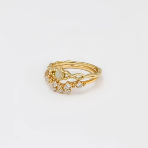 French vintage S925 silver 14K gold plated opal ring set with V-shaped zircon bands