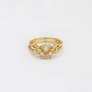 French vintage stackable crown ring set in 14K gold plated silver with opal and zircon