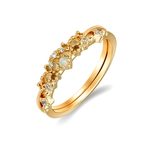 Vintage S925 silver 14K gold plated ring set featuring Australian opal and zircon accents