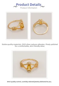 Detailed macro view of S925 silver 14k gold plated ring with yellow gemstone and filigree