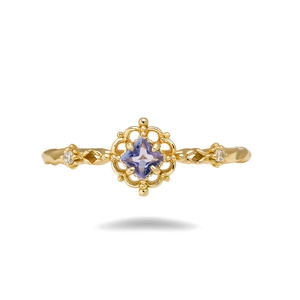 Vintage S925 silver 14K gold plated ring with square tanzanite and hollow filigree
