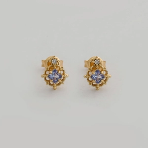 Elegant 14K gold plated S925 silver stud earrings with purple tanzanite and lace design