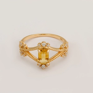 Minimalist S925 silver 14k gold plated ring with yellow crystal and wave band