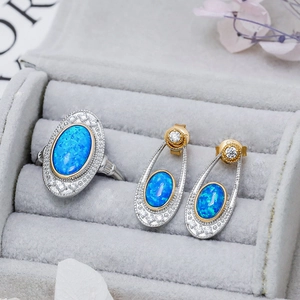 Vintage-Schmuckset aus S925 Silber mit ovalem blauem Opal-Ring und Ohrringen