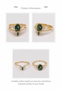Close-up of S925 silver 14K gold plated ring set with green moss agate and white zircon
