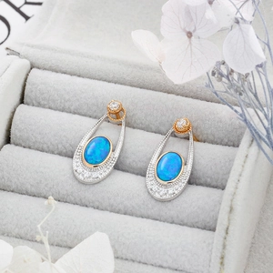 Nahaufnahme der blauen Opal-Ohrhänger mit zweifarbigen Gold- und Silberelementen in Box
