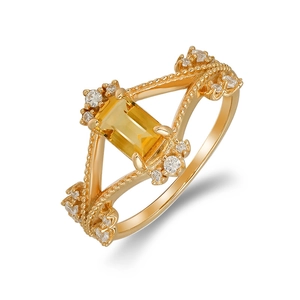 S925 silver 14k gold plated ring with rectangular yellow citrine and zircon accents
