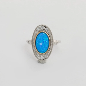 Vintage 925 Sterlingsilber Künstlicher Blauer Opal Ring Für Damen Französisch Art Deco Zirkonia Vergoldeter Silberschmuck