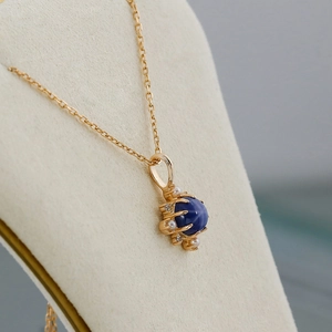 Pendente fiocco di neve in argento S925 oro 14K con zaffiro stellato blu e perle