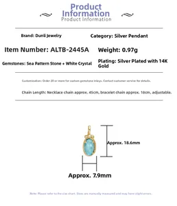 Détails du pendentif Larimar et cristal blanc avec dimensions de 18,6 mm sur 7,9 mm
