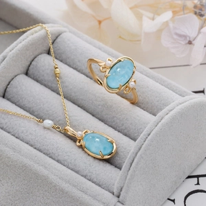 Parure de bijoux élégante en argent S925 plaqué or 14K avec pierres Larimar et perles