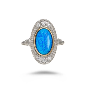 Vintage S925 Silberring im französischen Stil mit ovalem blauem Opal und Gravuren