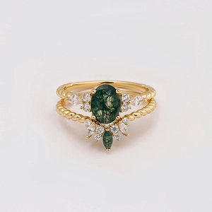 Vintage S925 Sterling Silver 14K Gold Plated Moss Agate Stackable Rings Oval Green Gemstone Zirconia Rings For Women Jewelry