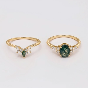 S925 silver 14K gold plated V-shaped and oval natural moss agate two-piece ring set