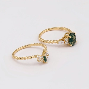 S925 silver gold plated moss agate ring set with twisted band and zircon accents