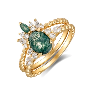 S925 silver 14K gold plated two-piece ring set with green moss agate and white zircons