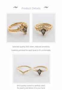 Detailansicht eines vergoldeten S925 Silber Ringsets mit Rutilquarz und Zirkonia Steinen
