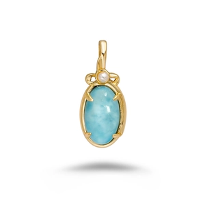 Pendentif élégant en argent S925 doré 14K avec pierre Larimar et détail de perle
