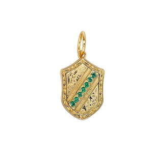 S925 zilveren 14K gouden schildhanger met 6 groene edelstenen en reliëfpatronen
