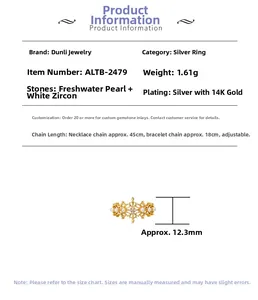 Details des S925 Silberrings mit 14K Vergoldung, Süßwasserperlen und weißen Zirkonia