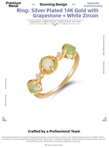 Detail of 14K gold plated silver ring with oval prehnite and white zircon stones