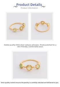 Three-angle detail of S925 silver gold-plated ring with green prehnite and zircons