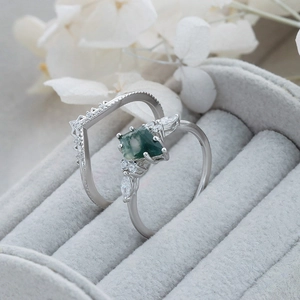 Details von S925 Silberring-Set mit Moosachat im Rechteckschliff und V-förmigem Band
