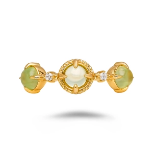 925 silver gold plated ring featuring green prehnite stones and white zircon accents