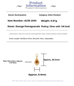 Detailed specifications of S925 silver gold-plated pendant with orange garnet gemstone