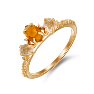 Anillo Vintage de Plata de Ley 925 con Granate Naranja y Cristal Blanco para Mujer Chapado en Oro Tres Piedras Gema Ovalada Joyería Llamativa