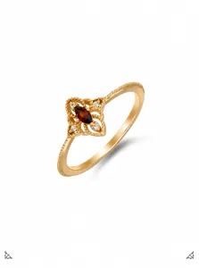 Detailansicht eines S925 vergoldeten Rings mit Granat im Marquise-Schliff und Zirkon