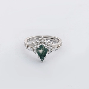 S925 Silber Stapelring-Set mit drachenförmigem Moosachat und V-förmigem Diamantringband