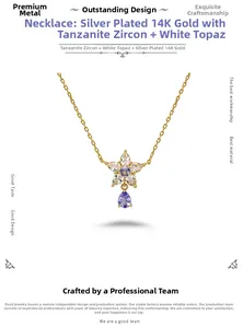 Vista macro di una collana in argento placcato oro 14K con zircone tanzanite e topazio