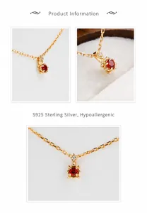 Détail du collier avec pendentif rubis rouge rond en argent sterling S925 doré