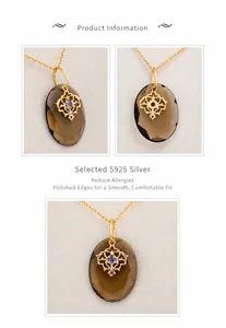 Détails du pendentif en argent S925 avec quartz fumé ovale et dentelle dorée filigranée